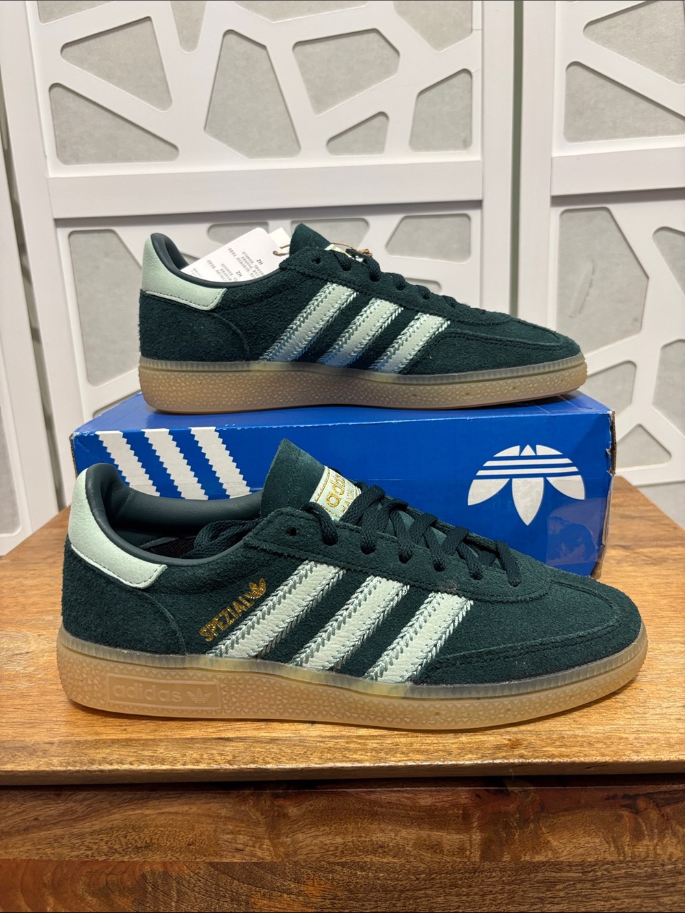 adidas Men’s Spezial Suede Sneakers in Dark Green with Mint Stripes